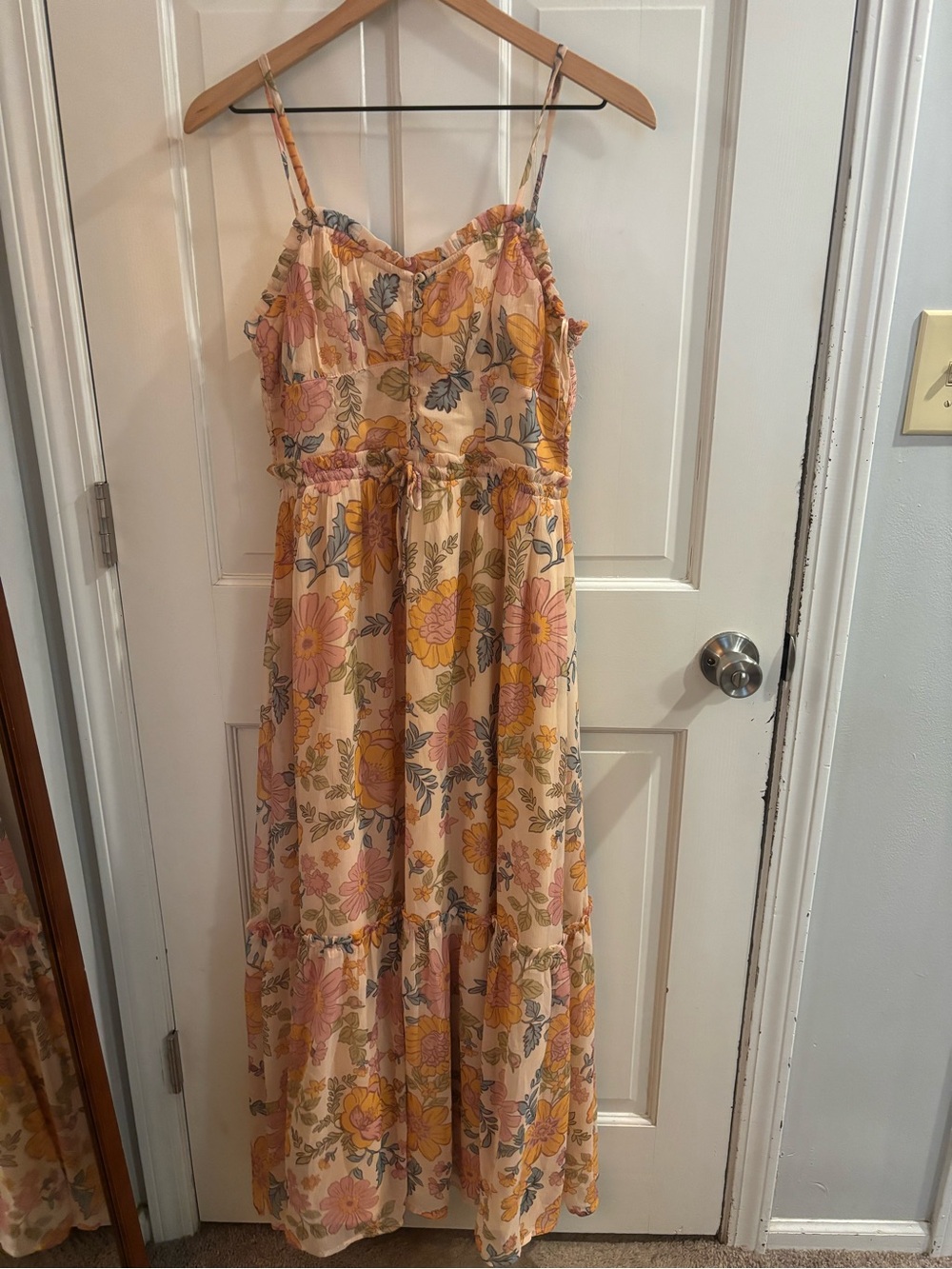 Patrons of Peace Peach Floral Maxi Dress with Yellow and Pink Accents